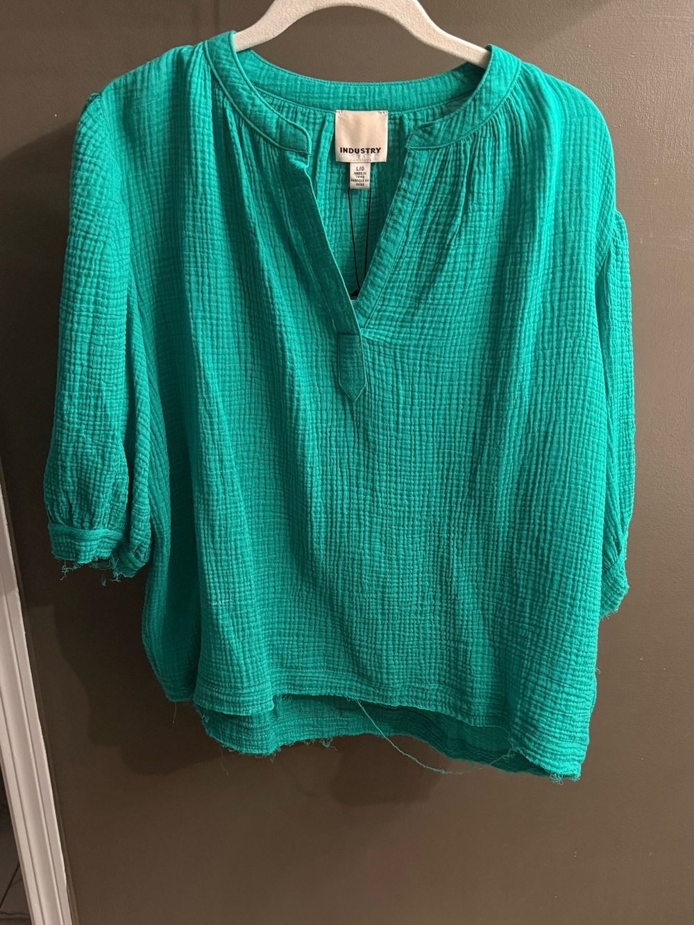 Green Gauze Split-Neck Women's Top